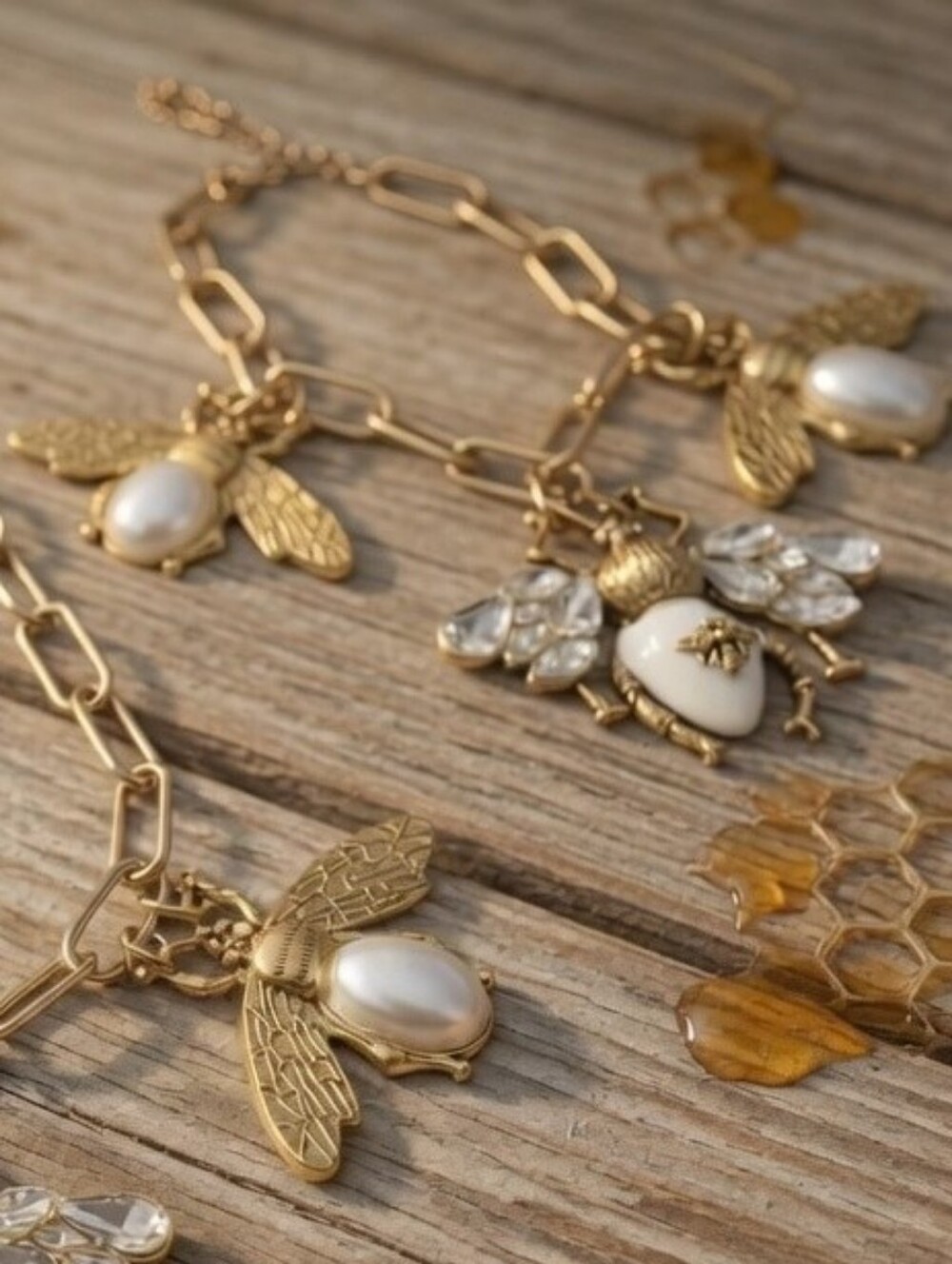 Gold Bee Pendant Bracelet with Pearl and Crystal Accents